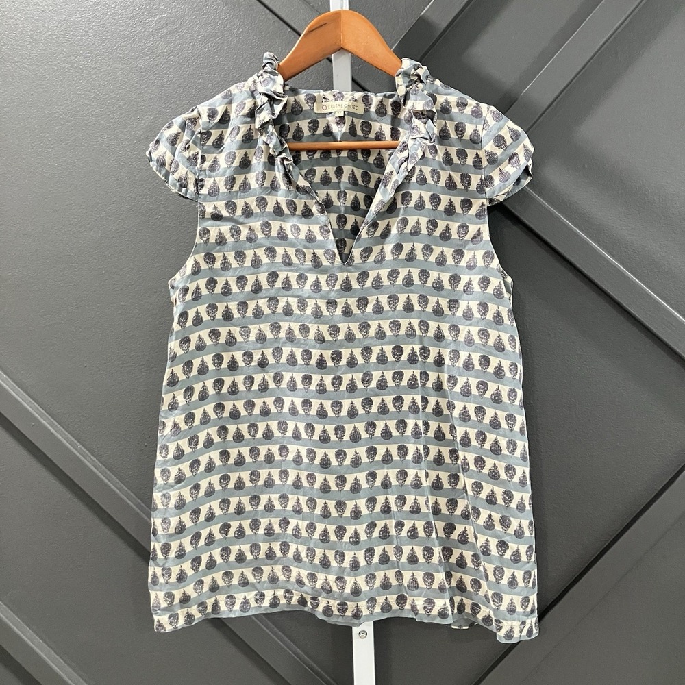 L'Autre Chose Women Sz 6 Silk Blouse Blue Gray Shell Print Ruffle Neck Italy
